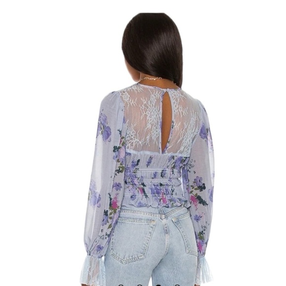 Free People Daphne Smocked Lace Neck Boho Cottagecore Blue Floral Top Coachella - Picture 2 of 10
